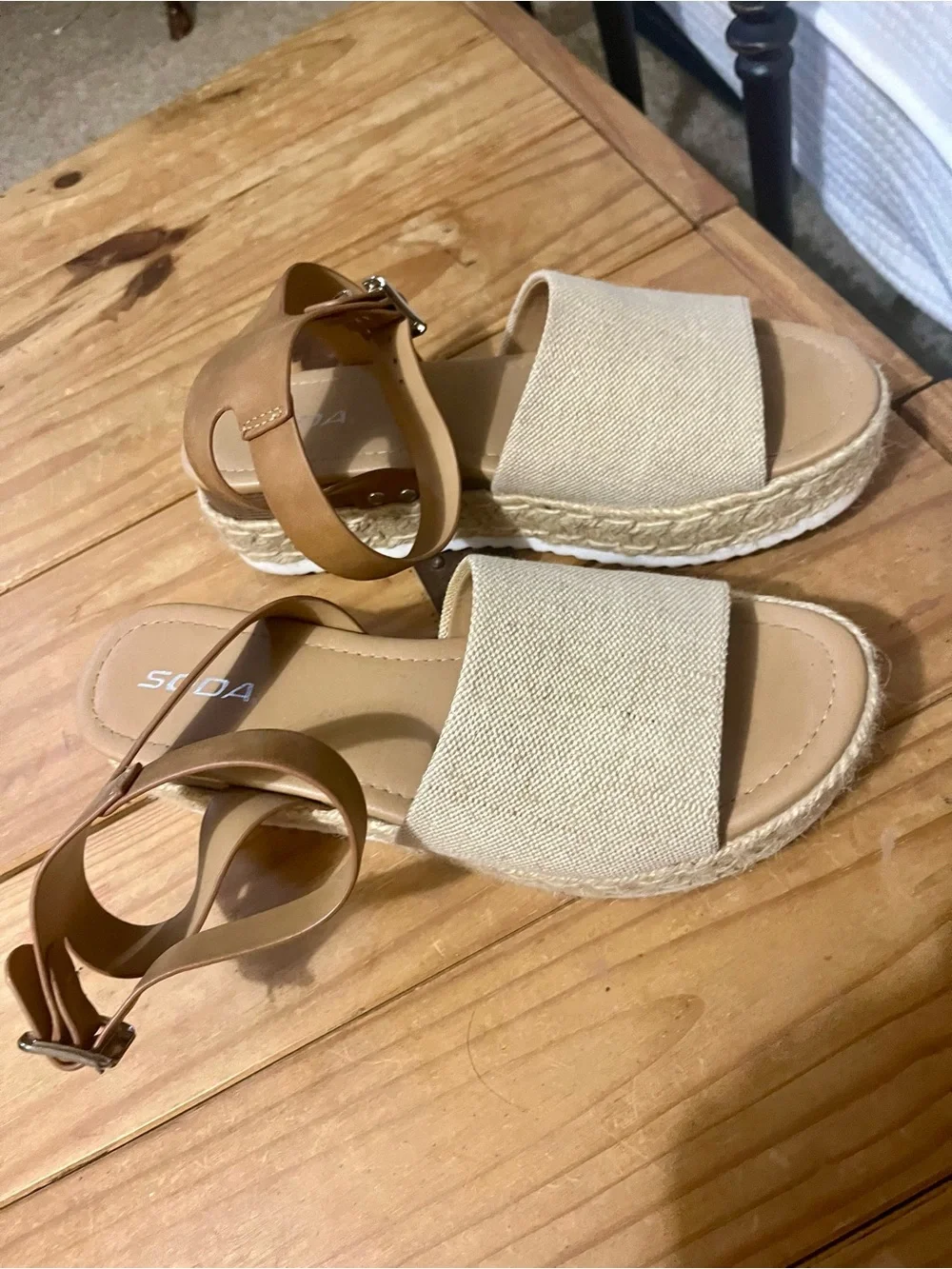 Beige Canvas Espadrille Platform Sandal with Tan Ankle Strap - 10 - Picture 4 of 4